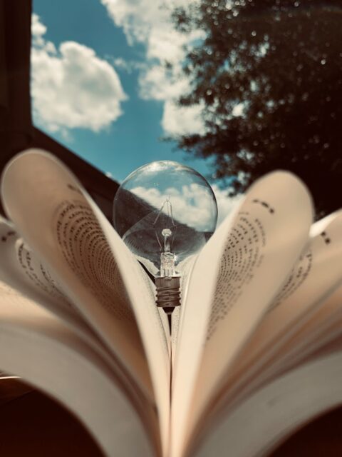 Glühbirne in Buch geklemmt vor blauem Himmel